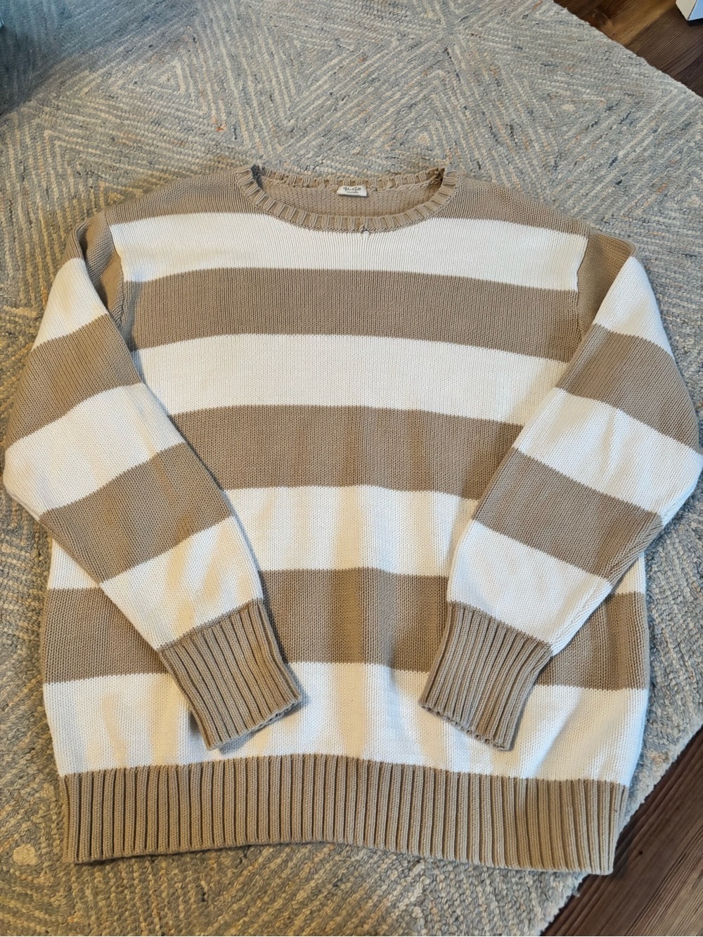 Brandy Melville Beige and White Striped Crewneck Sweater